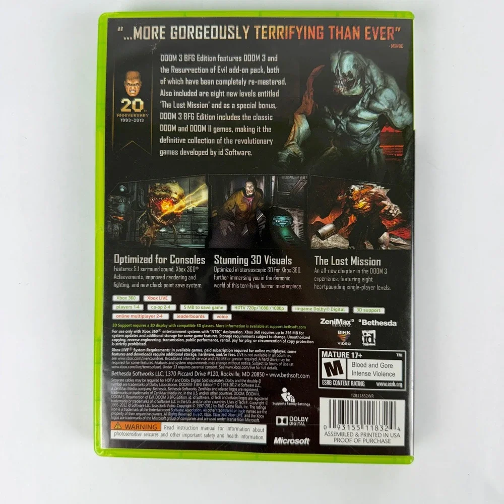 Doom 3 BFG‎ Edition Xbox 360 Remastered Includes Doom 1 2 and Lost Mission NTSC